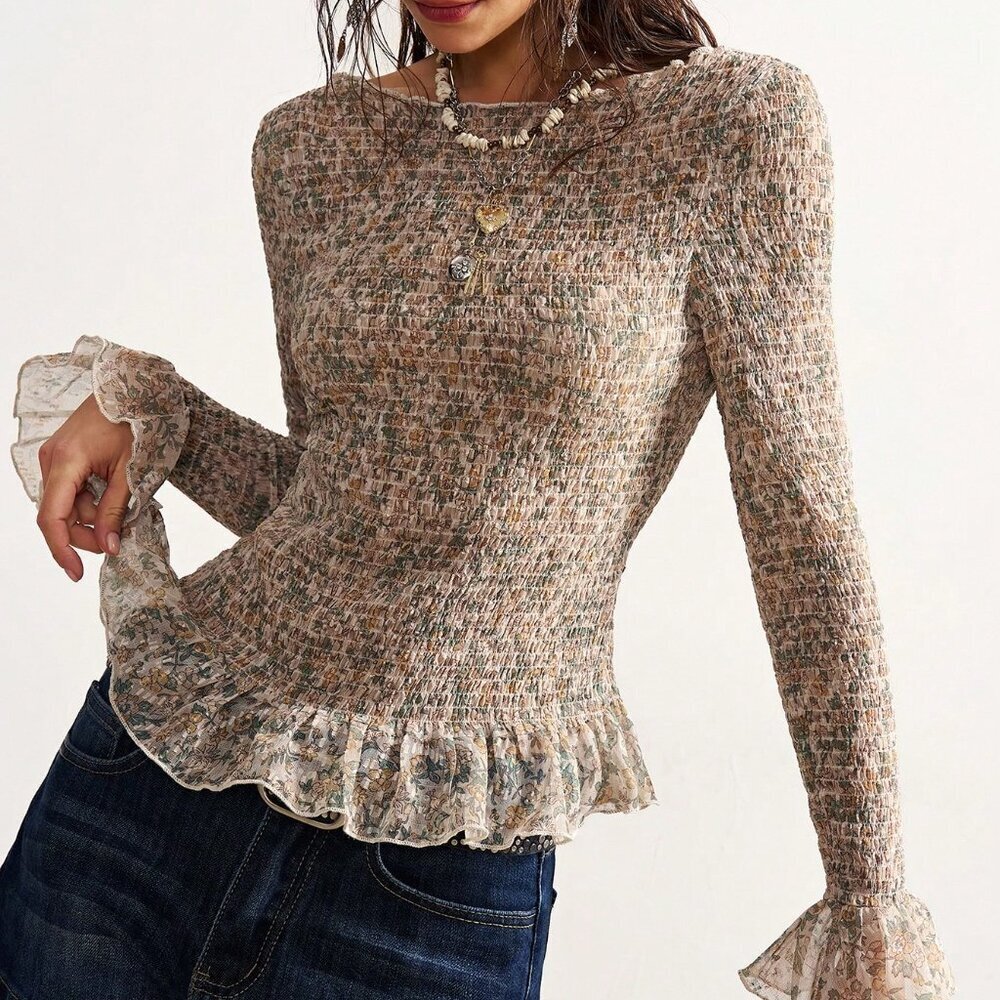 Yellow Casual Women's Printed Round Neck Long Sleeve Blouse - Picture 8 of 8